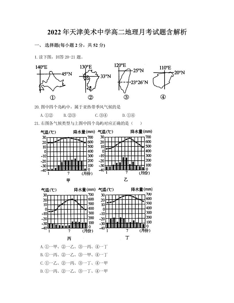 2022年天津美术中学高二地理月考试题含解析