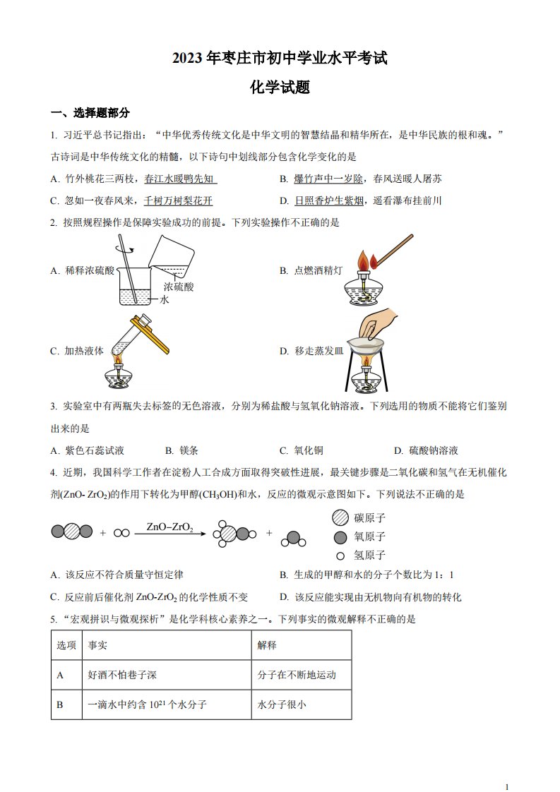 精品解析：2023年山东省枣庄市中考化学真题（原卷版）