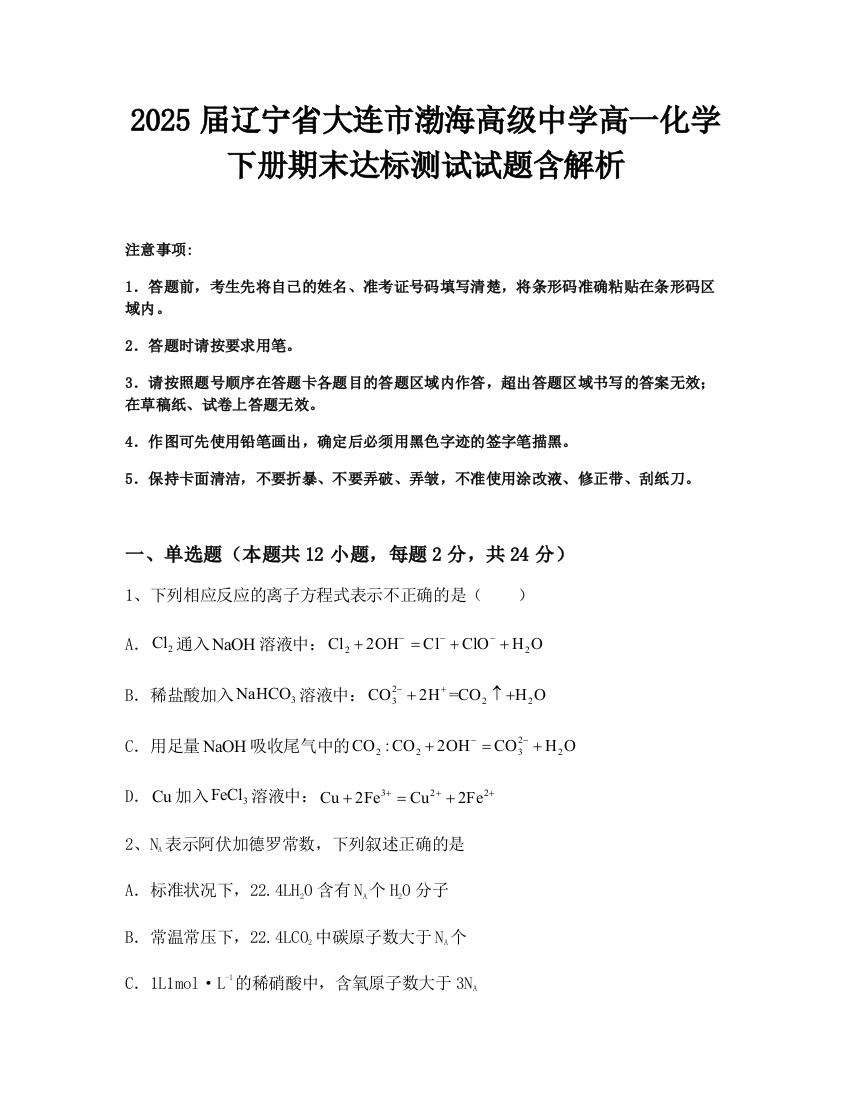 2025届辽宁省大连市渤海高级中学高一化学下册期末达标测试试题含解析