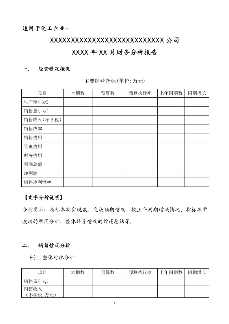 化工企业财务分析报告模板