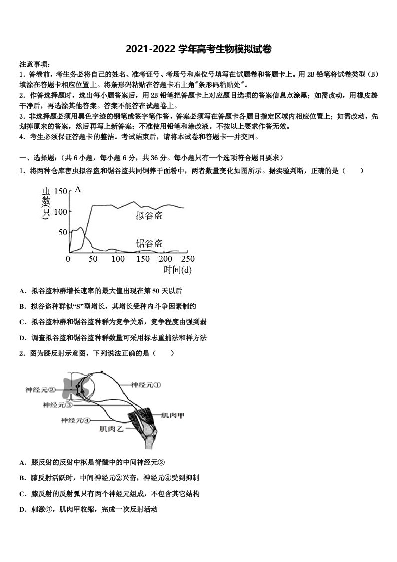 江西省玉山一中2021-2022学年高三第六次模拟考试生物试卷含解析