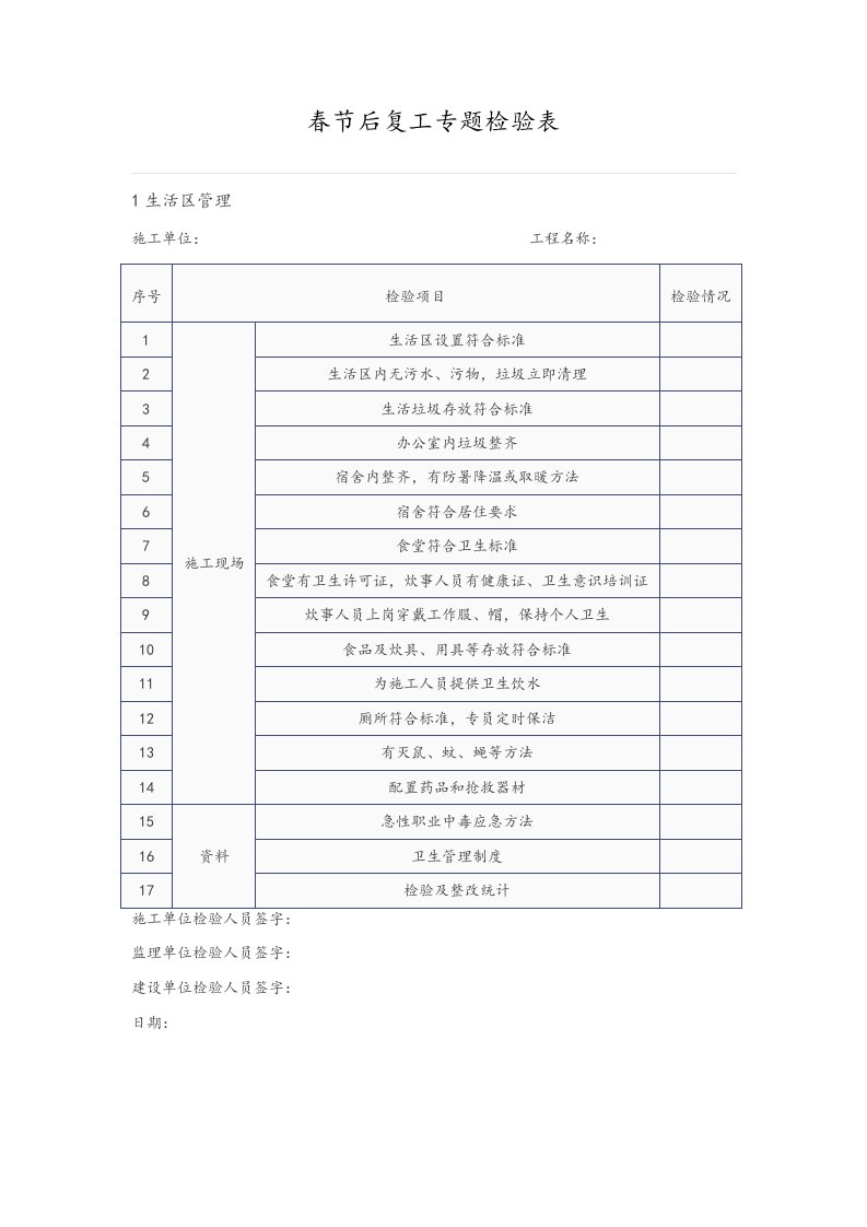 节后复工安全检查表样本