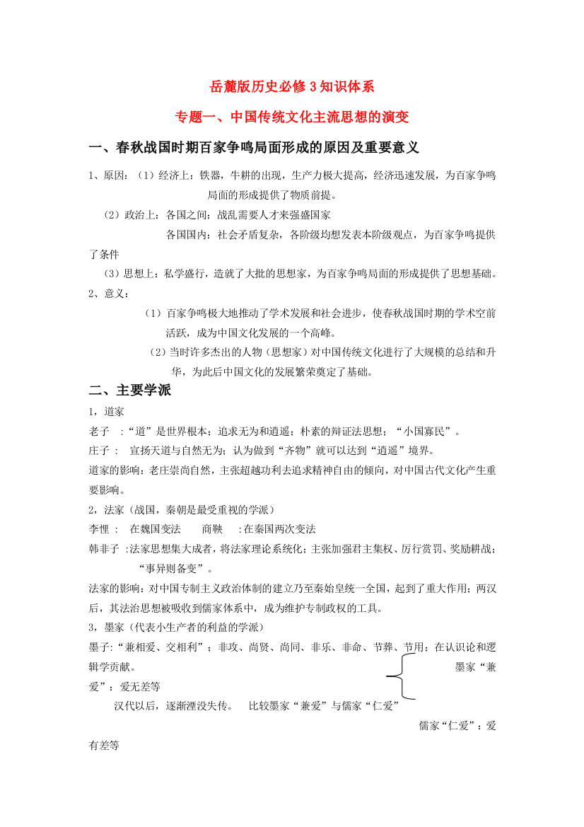 高中历史专题一、中国传统文化主流思想的演变知识点分析岳麓版必修3