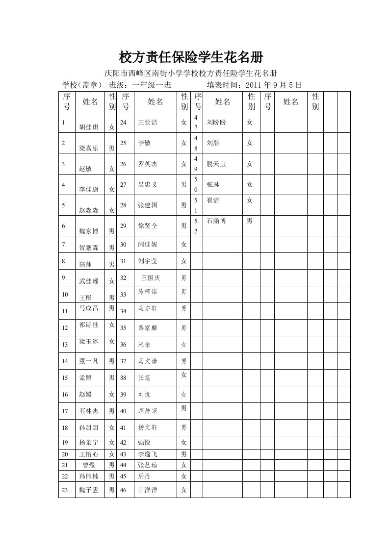 校方责任保险学生花名册