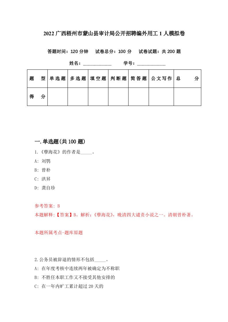 2022广西梧州市蒙山县审计局公开招聘编外用工1人模拟卷第24套