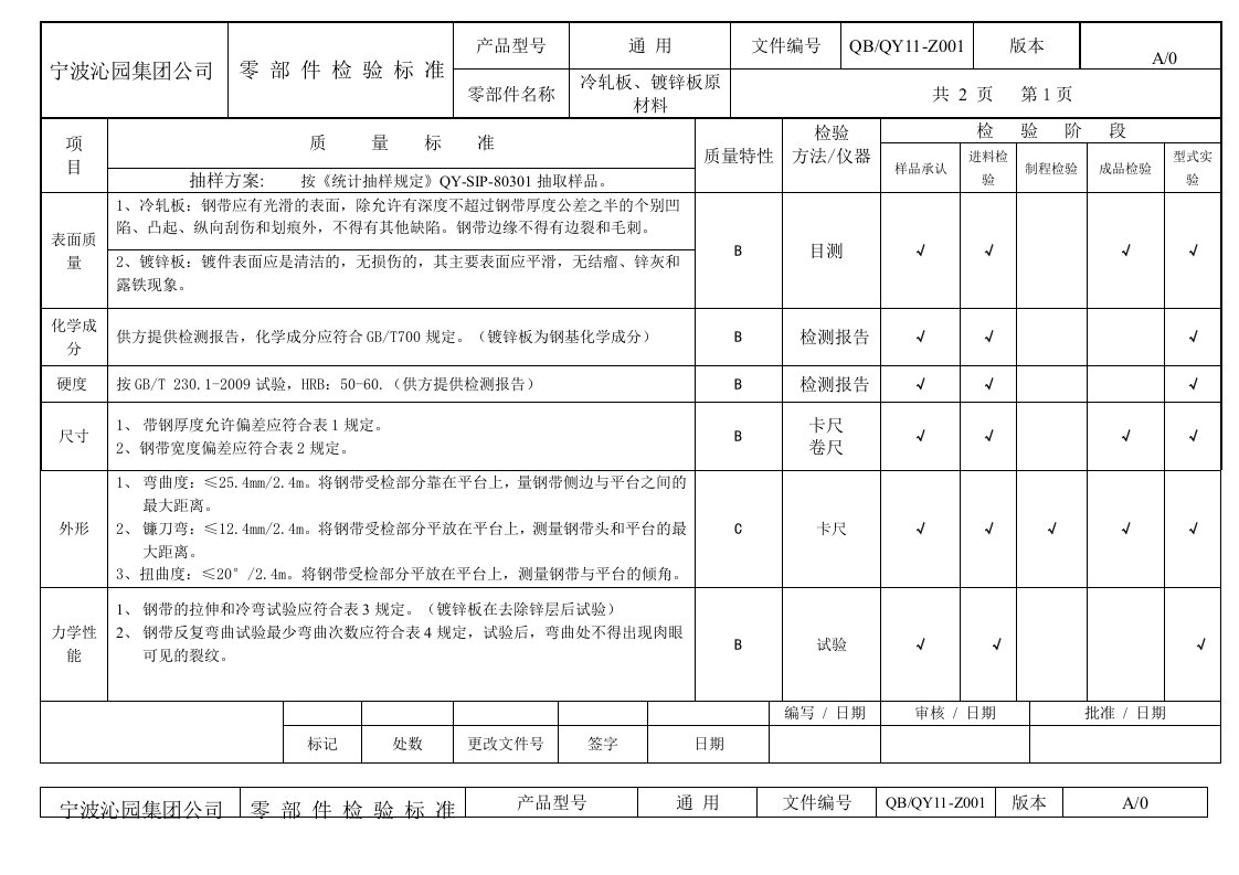 钣金原材料检验标准