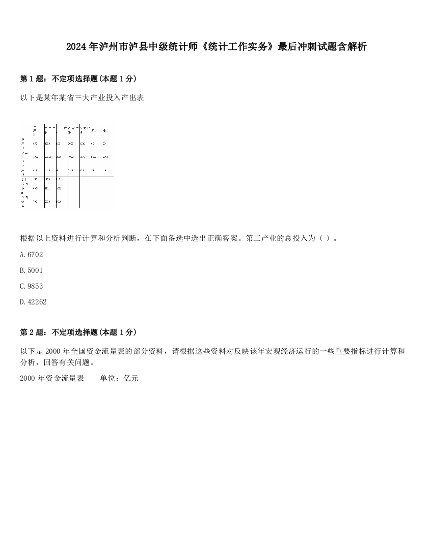 2024年泸州市泸县中级统计师《统计工作实务》最后冲刺试题含解析