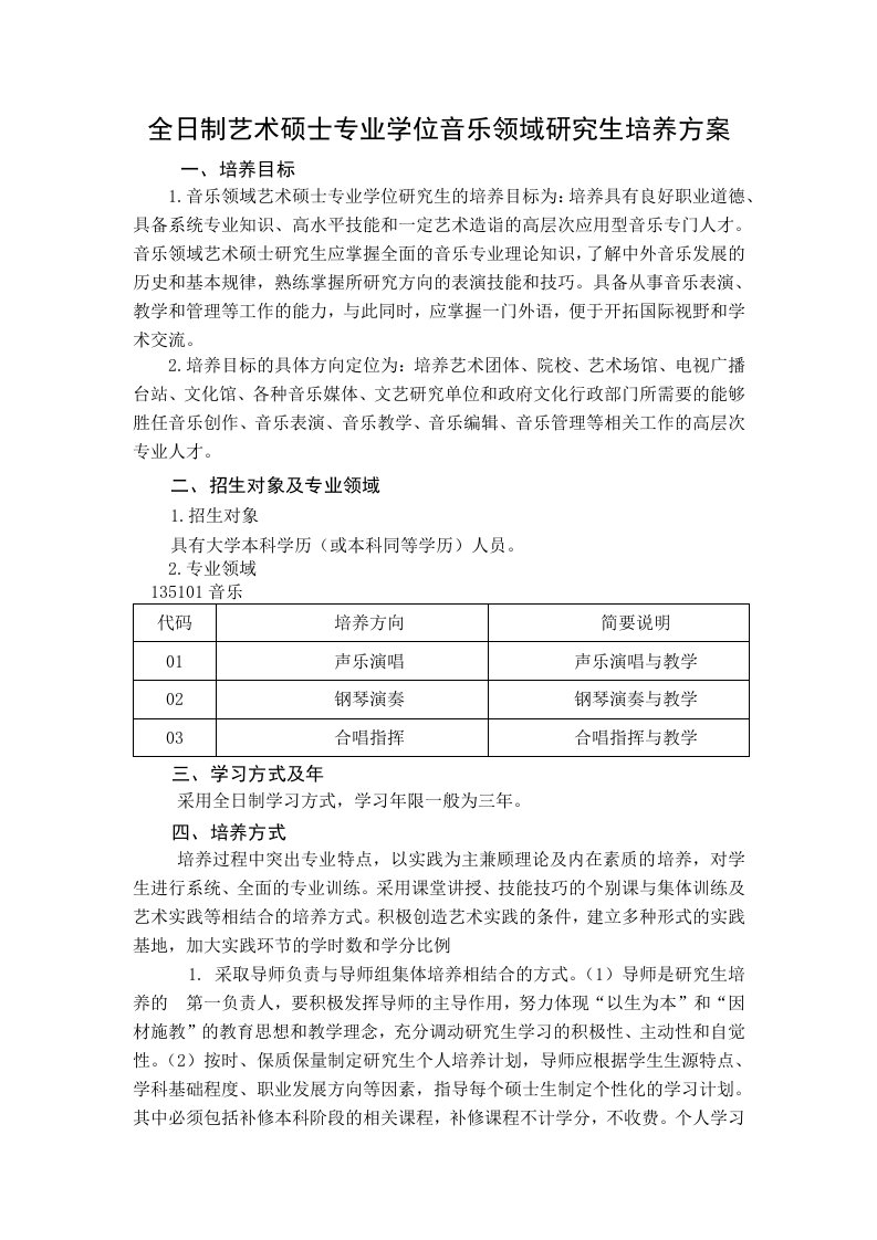 全日制艺术硕士专业学位音乐领域研究生培养方案