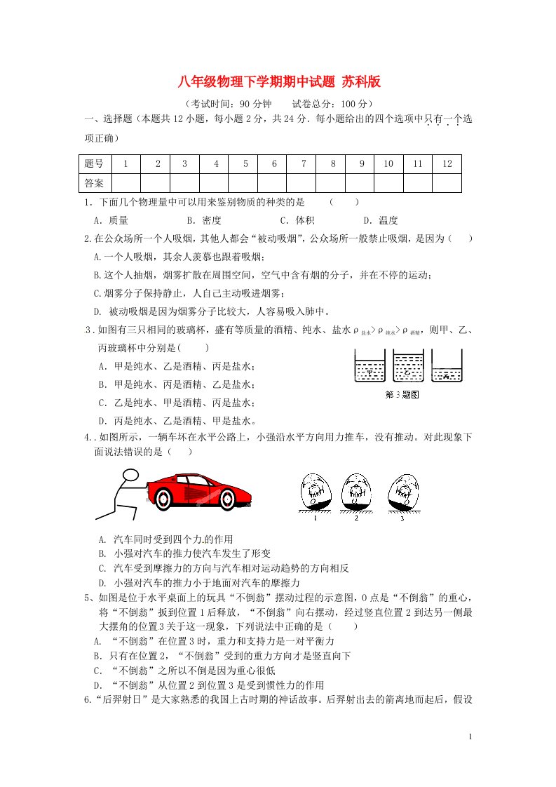 江苏省东台市五烈镇广山中学八级物理下学期期中试题