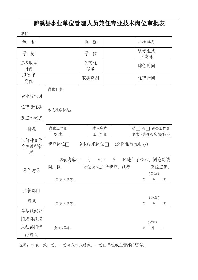 濉溪县事业单位管理人员兼任专业技术岗位审批表