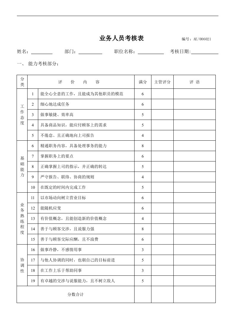 【管理精品】021业务人员考核表