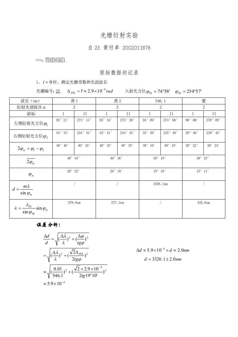 光栅衍射实验