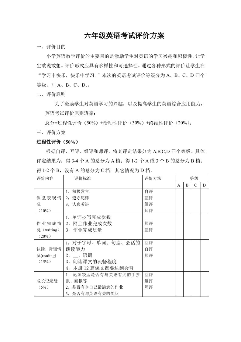 六年级英语考试评价方案