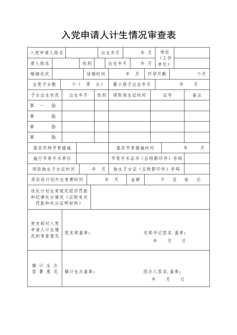 入党申请人计生情况审查表