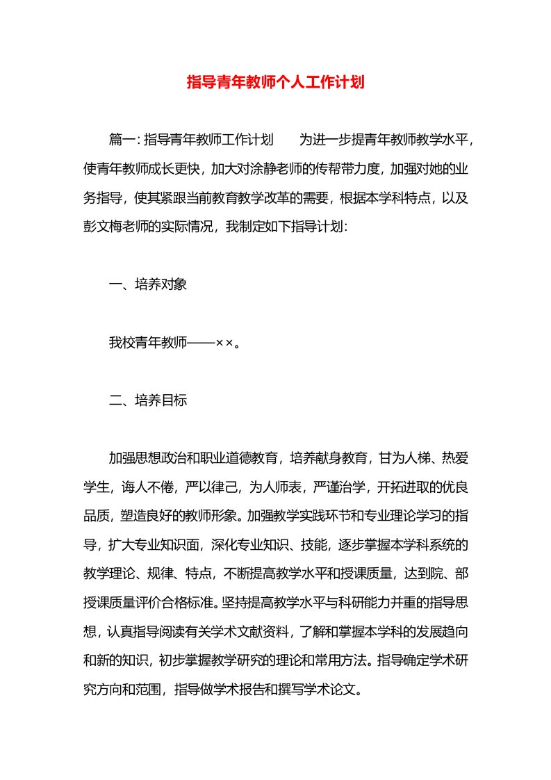 指导青年教师个人工作计划