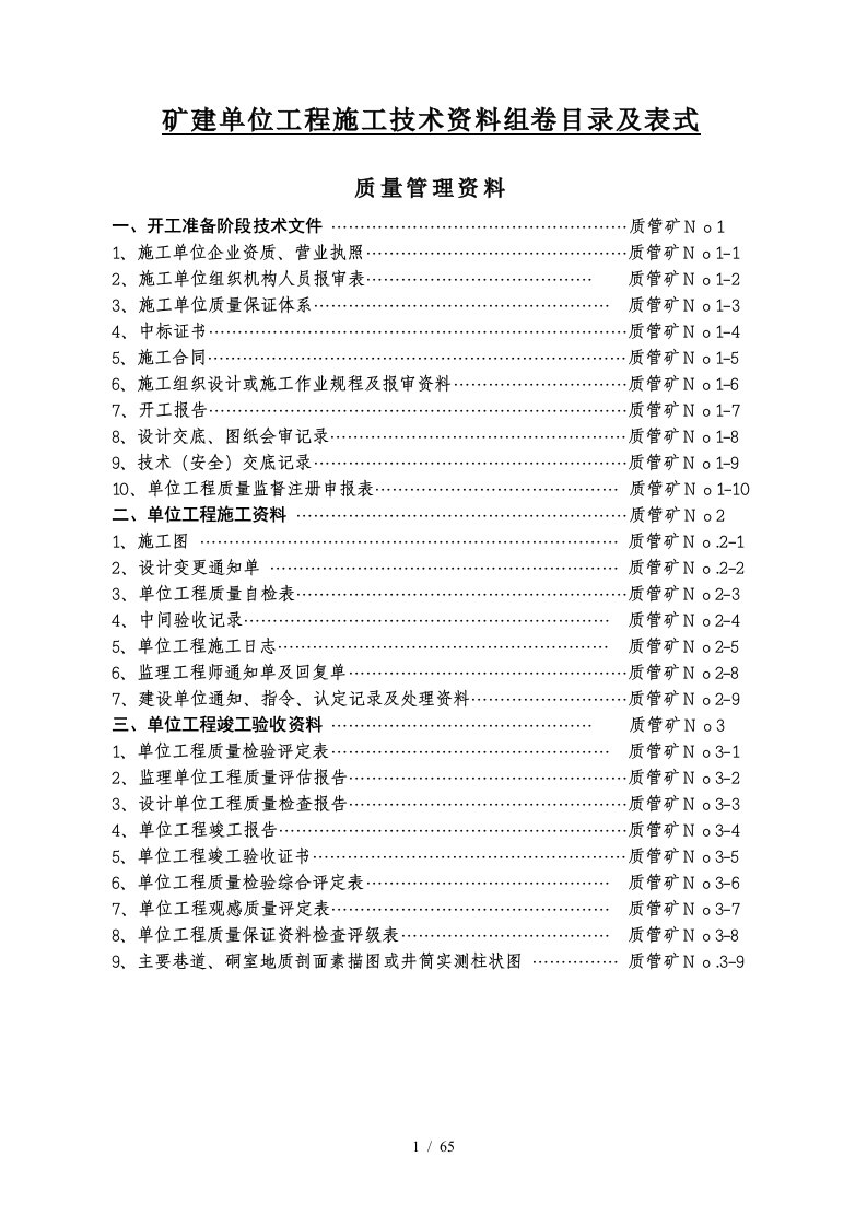 矿建单位工程施工技术资料组卷目录及表式1