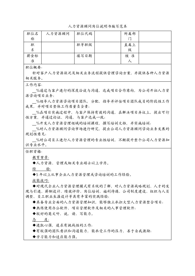 岗位职责-人力资源顾问岗位说明书编写范本