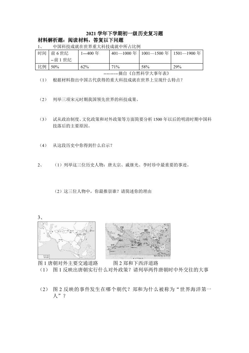 初一级历史复习题（张）