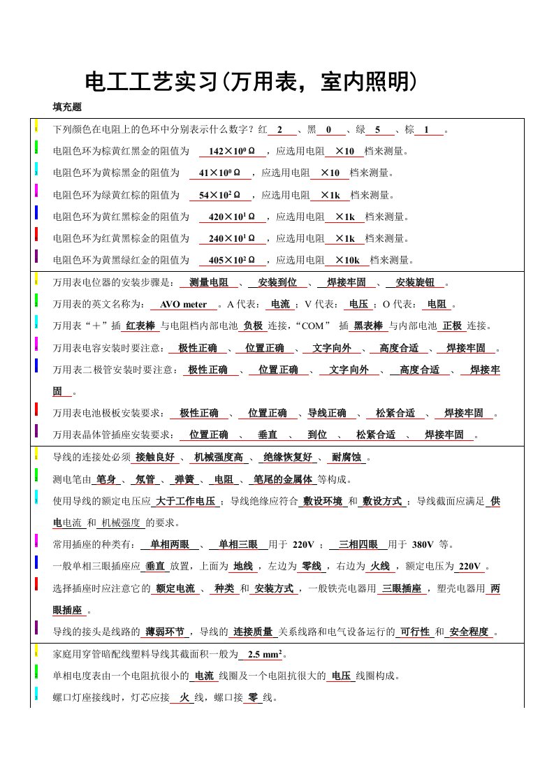 精选电工工艺实习-万用表室内照明复习资料