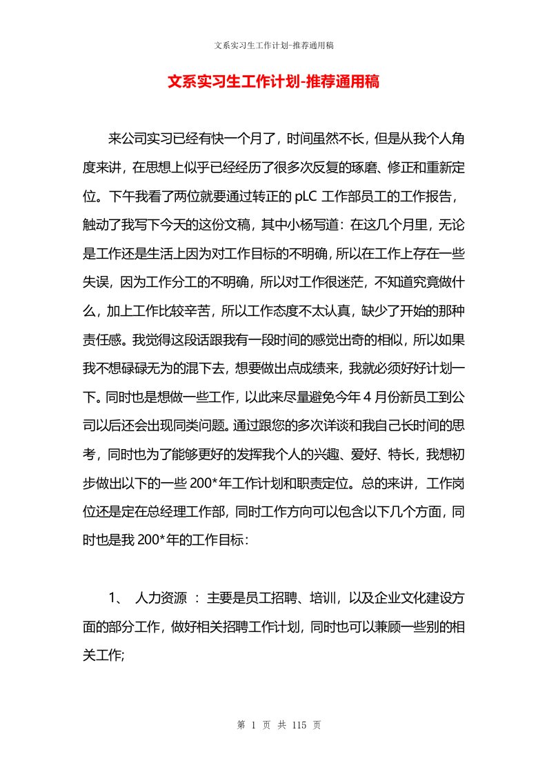 文系实习生工作计划