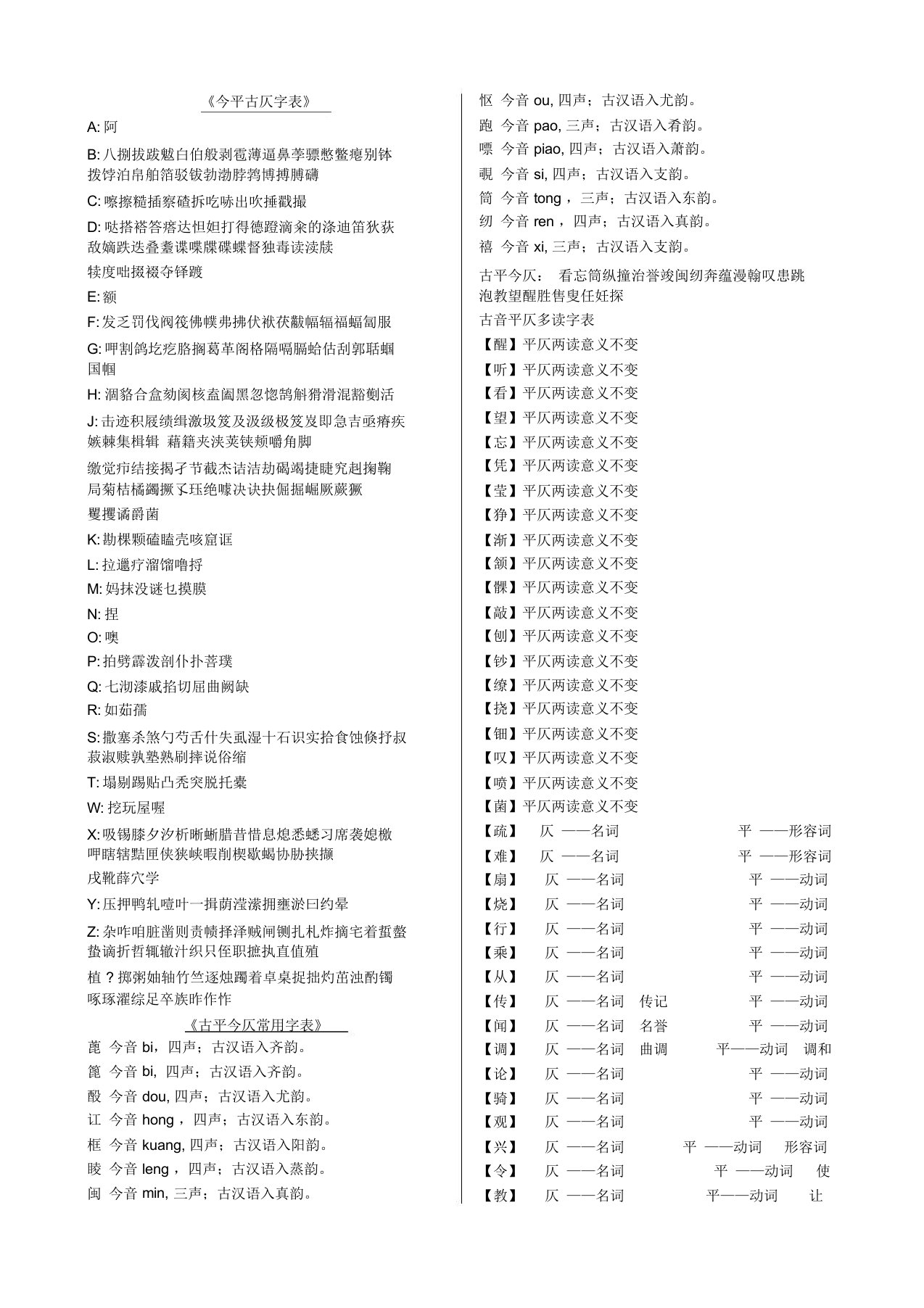 古仄古平字表格