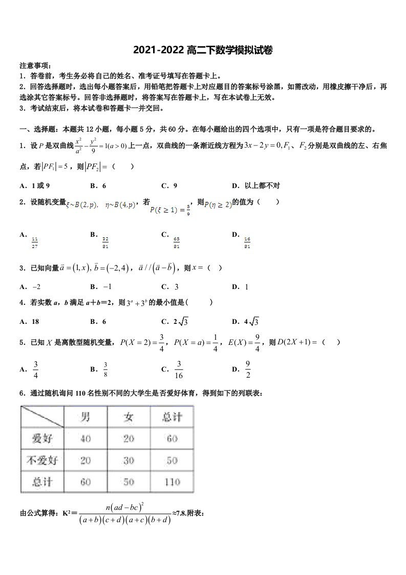 2021-2022学年长春市第二中学数学高二下期末监测模拟试题含解析