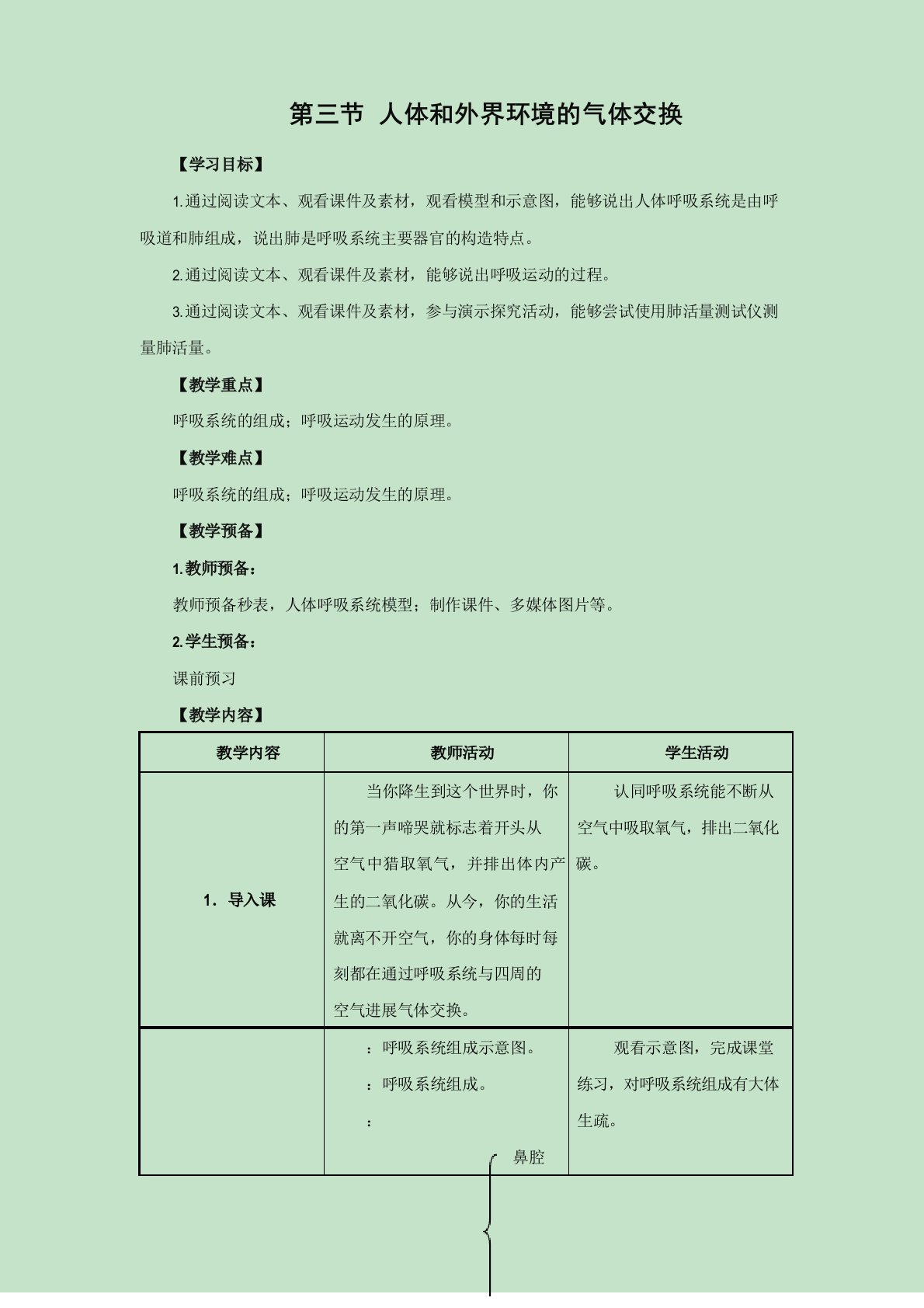 苏教版生物七年级下册《人体和外界环境的气体交换》教案