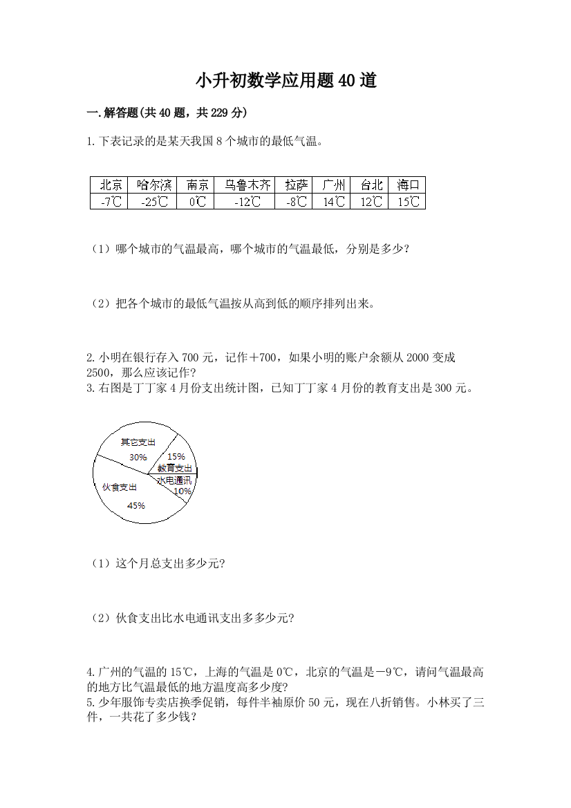 小升初数学应用题40道推荐