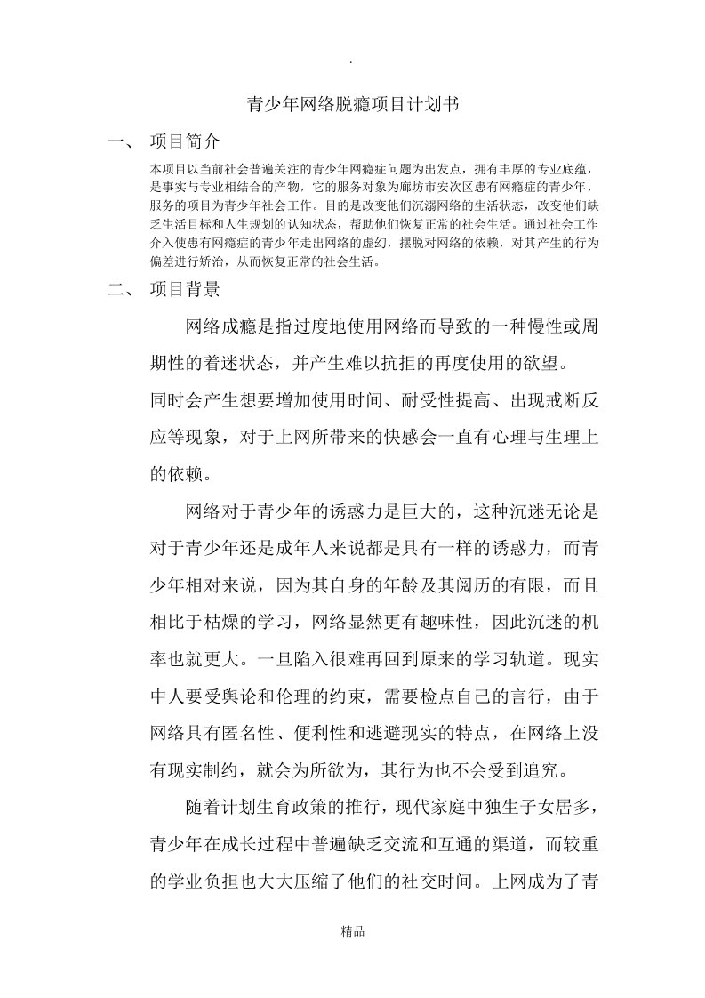 青少年网络脱瘾项目计划书