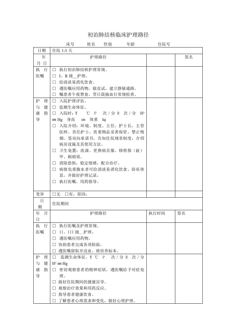 初治肺结核护理临床路径