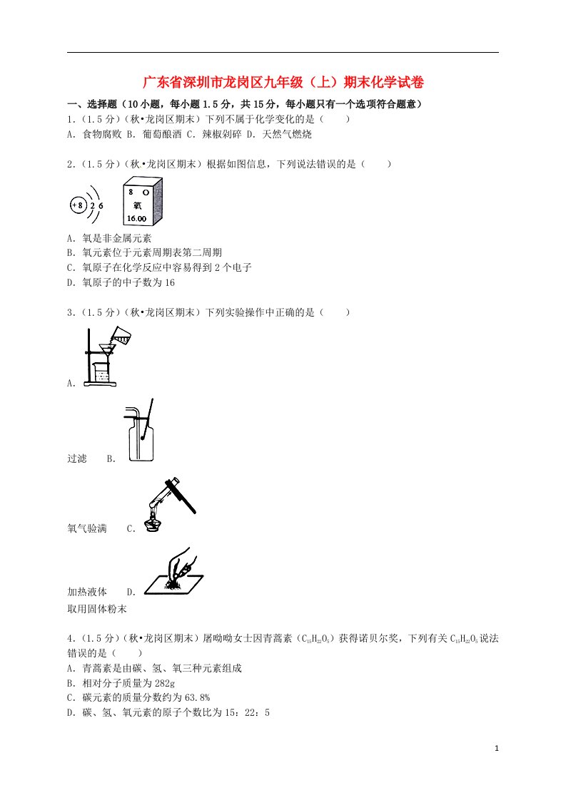 广东省深圳市龙岗区九级化学上学期期末试题（含解析）