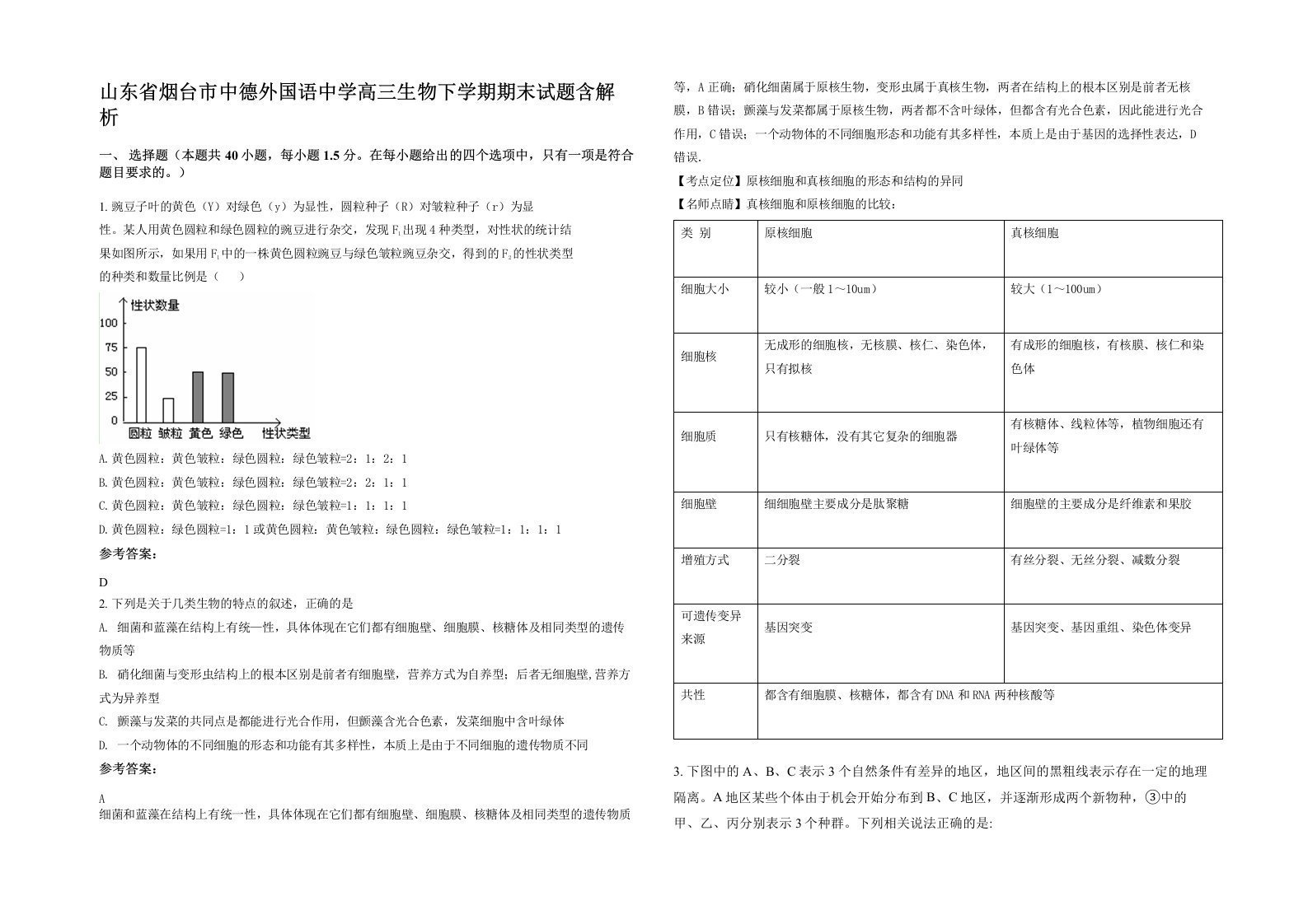 山东省烟台市中德外国语中学高三生物下学期期末试题含解析