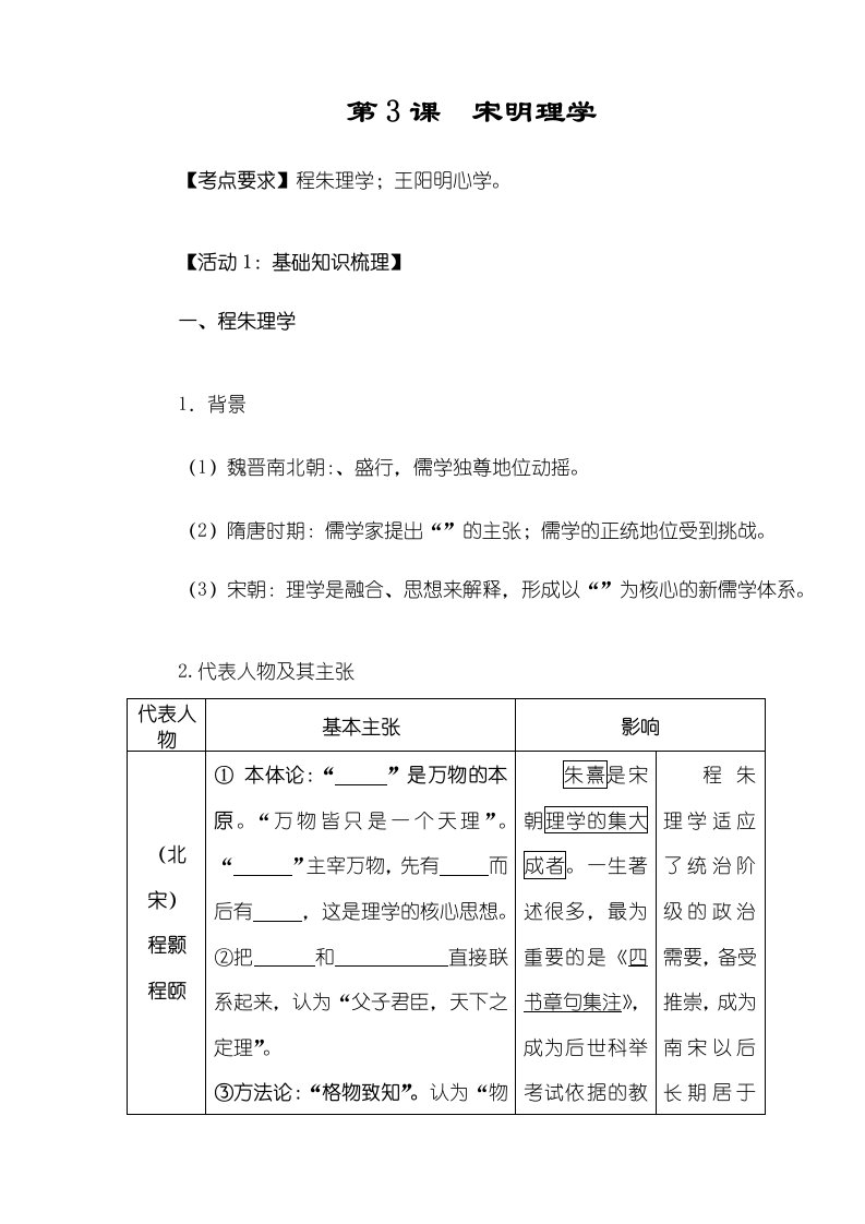 人教版历史必修三第3课宋明理学学案（答案不全）