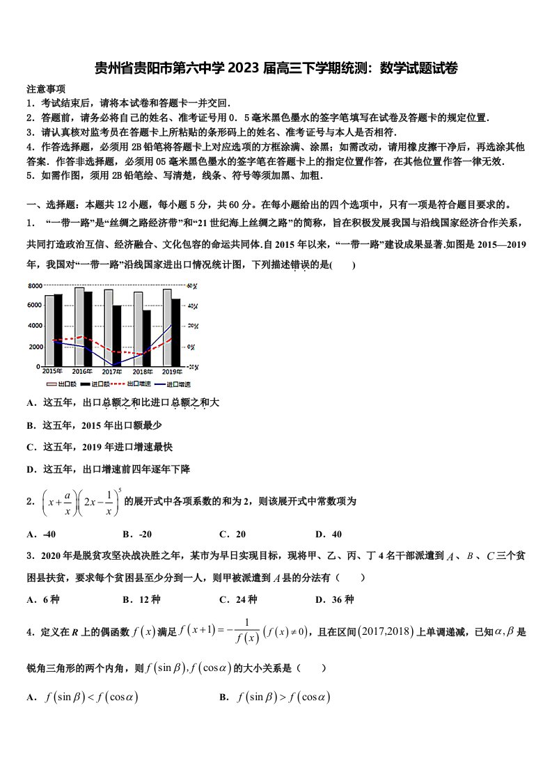 贵州省贵阳市第六中学2023届高三下学期统测：数学试题试卷含解析