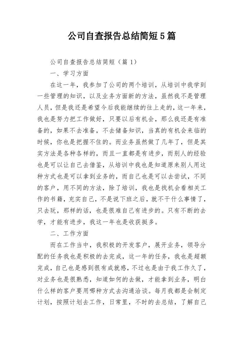 公司自查报告总结简短5篇