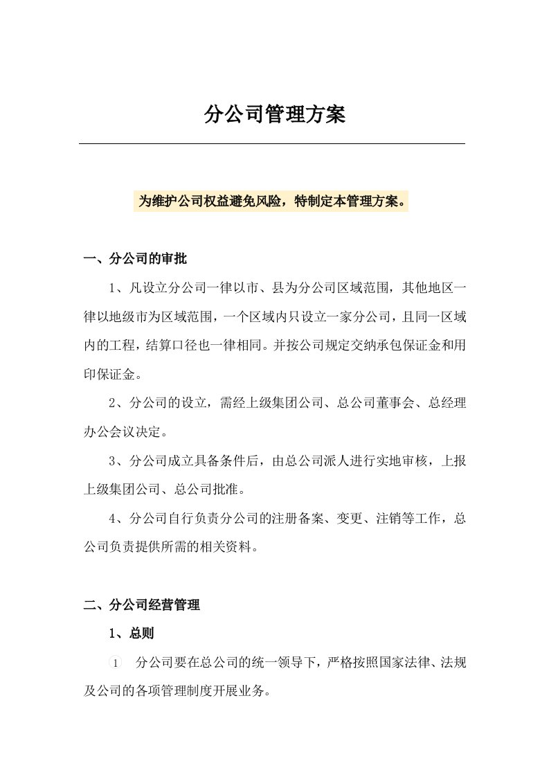 工程资料-194分公司管理方案