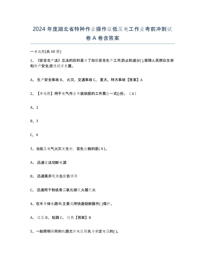 2024年度湖北省特种作业操作证低压电工作业考前冲刺试卷A卷含答案