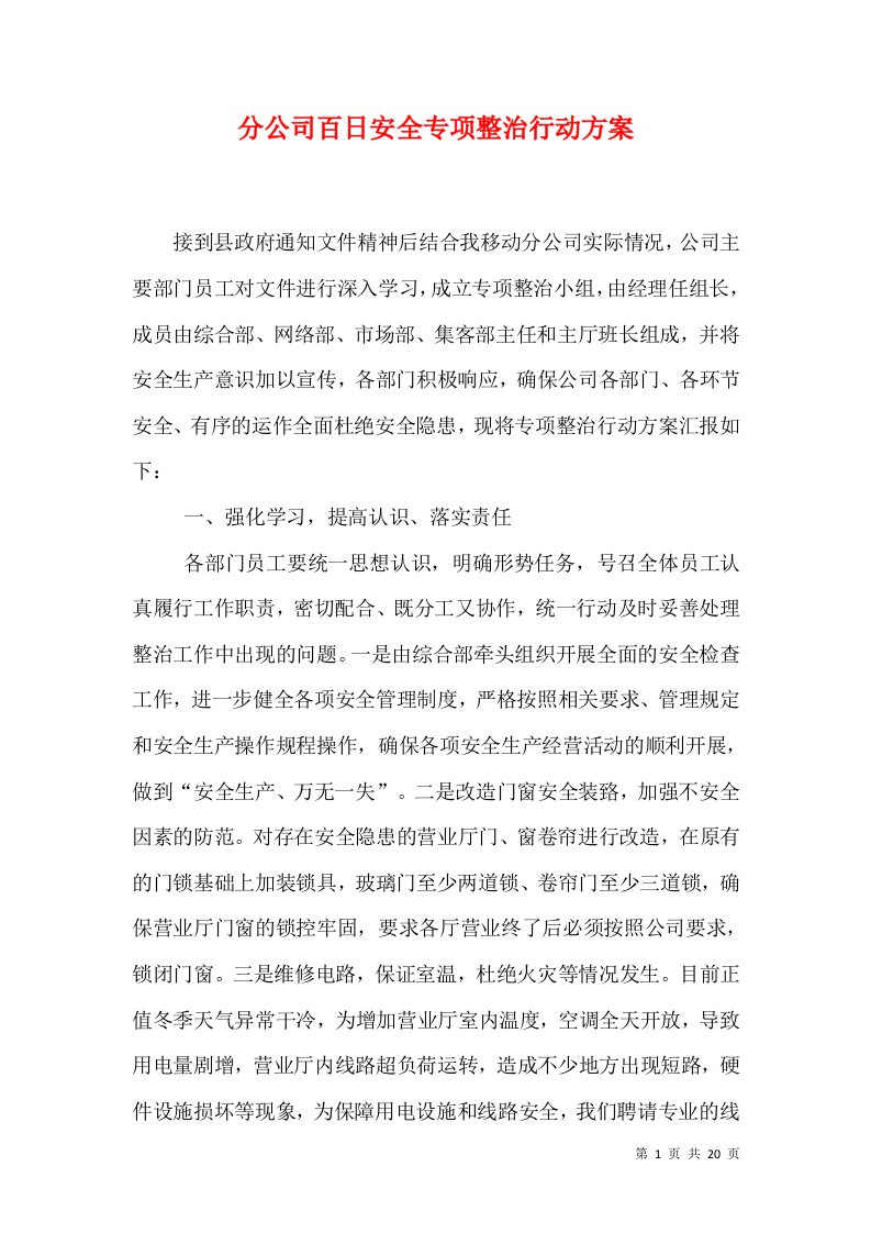 分公司百日安全专项整治行动方案