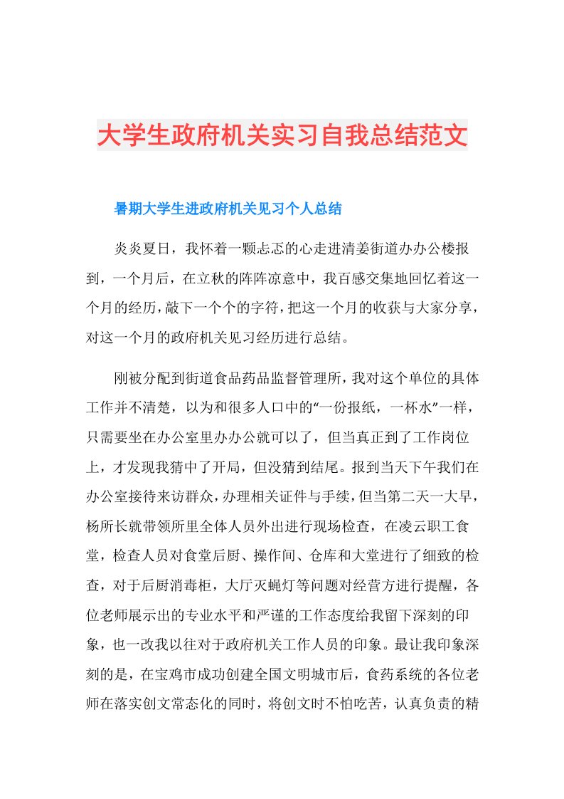 大学生政府机关实习自我总结范文