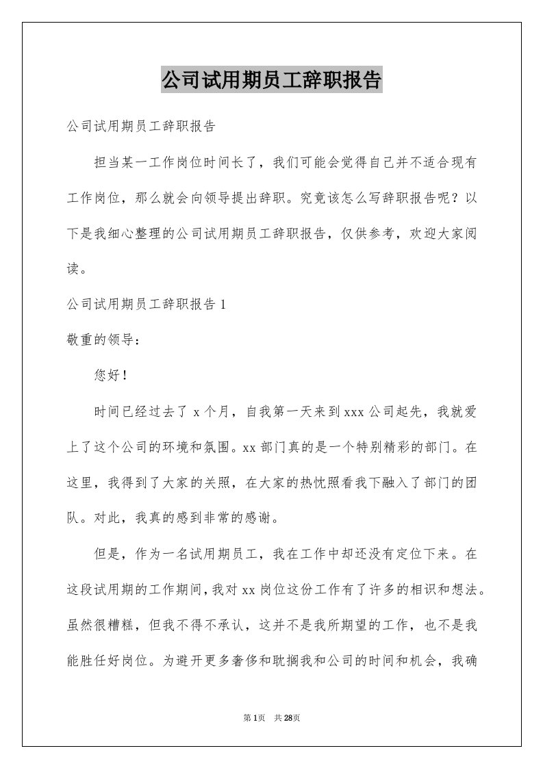 公司试用期员工辞职报告范本