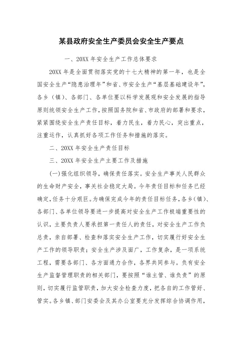 心得体会范文_经验交流材料_某县政府安全生产委员会安全生产要点