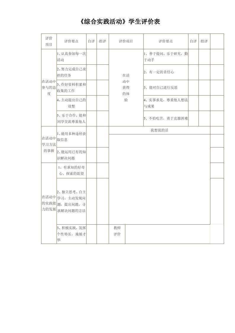 《综合实践活动》学生评价表