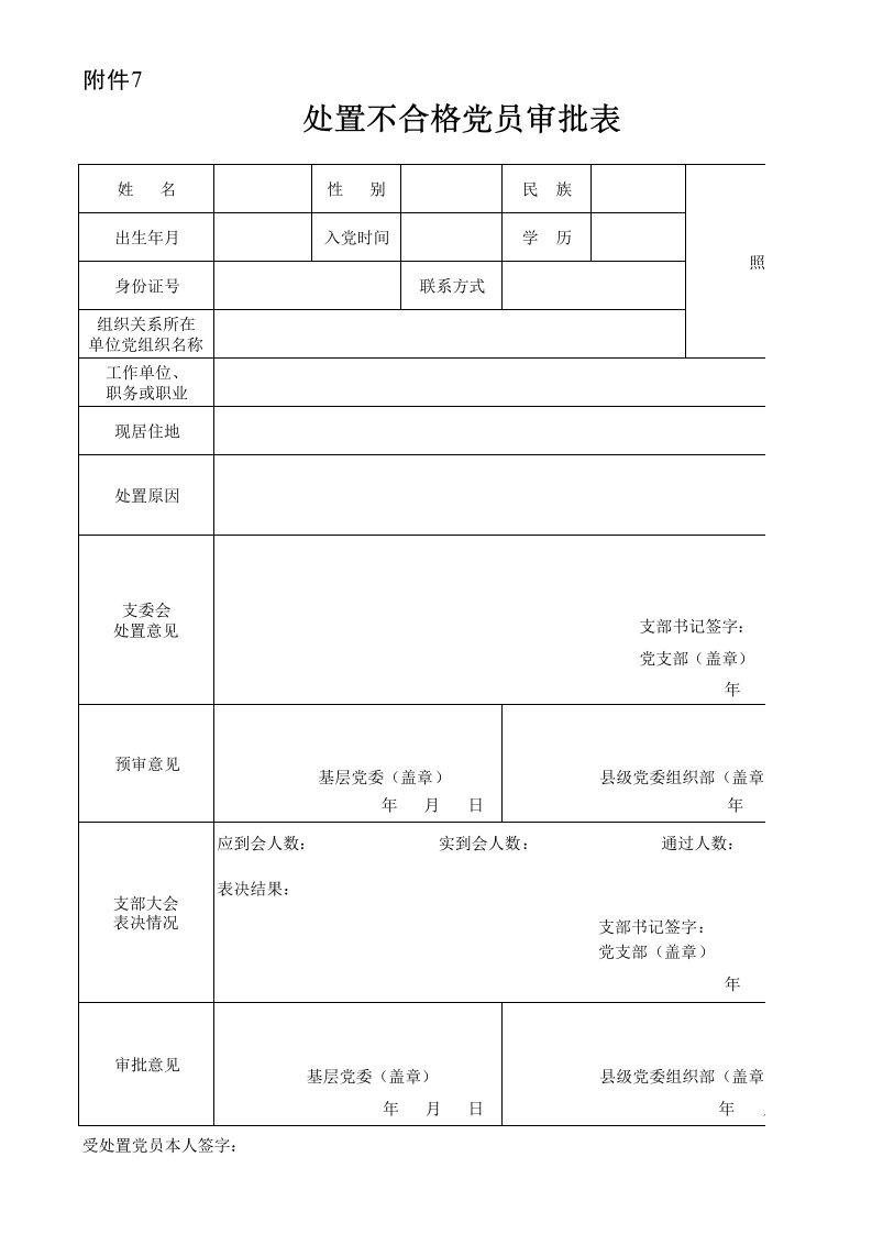 处置不合格党员审批表