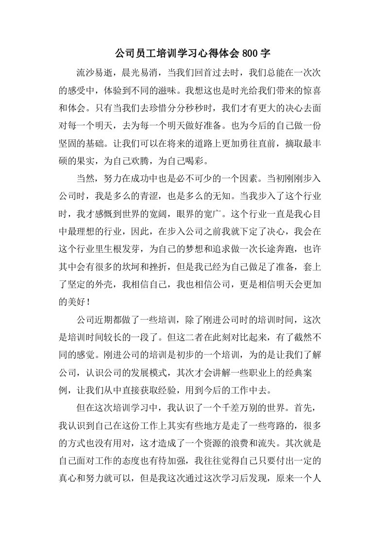 公司员工培训学习心得体会800字