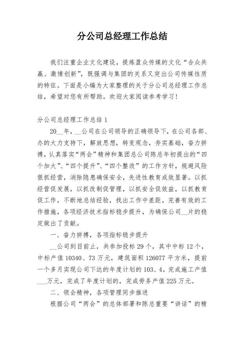 分公司总经理工作总结