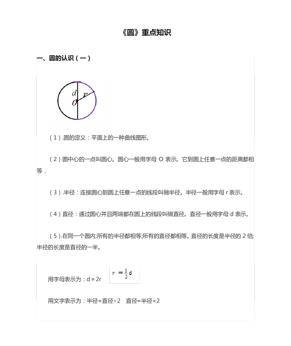 北师大六年级上册数学第一单元《圆》重点知识汇总,附习题