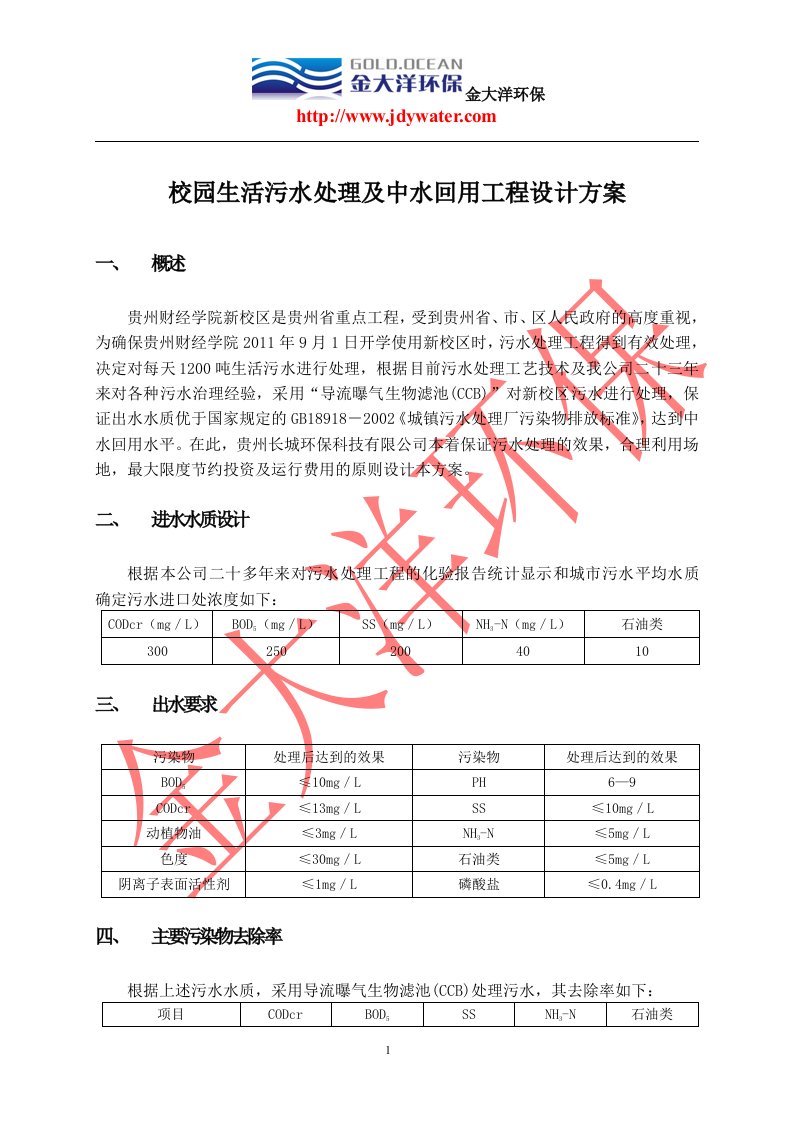 校园生活污水处理及中水回用工程设计方案