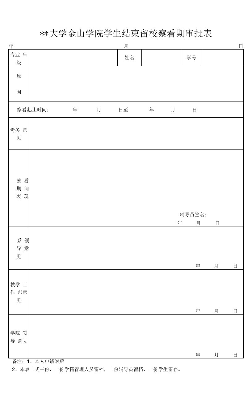 大学金山学院学生结束留校察看期审批表.doc