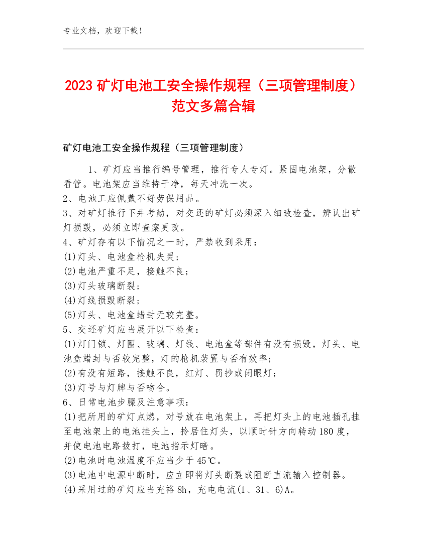 2023矿灯电池工安全操作规程（三项管理制度）范文多篇合辑