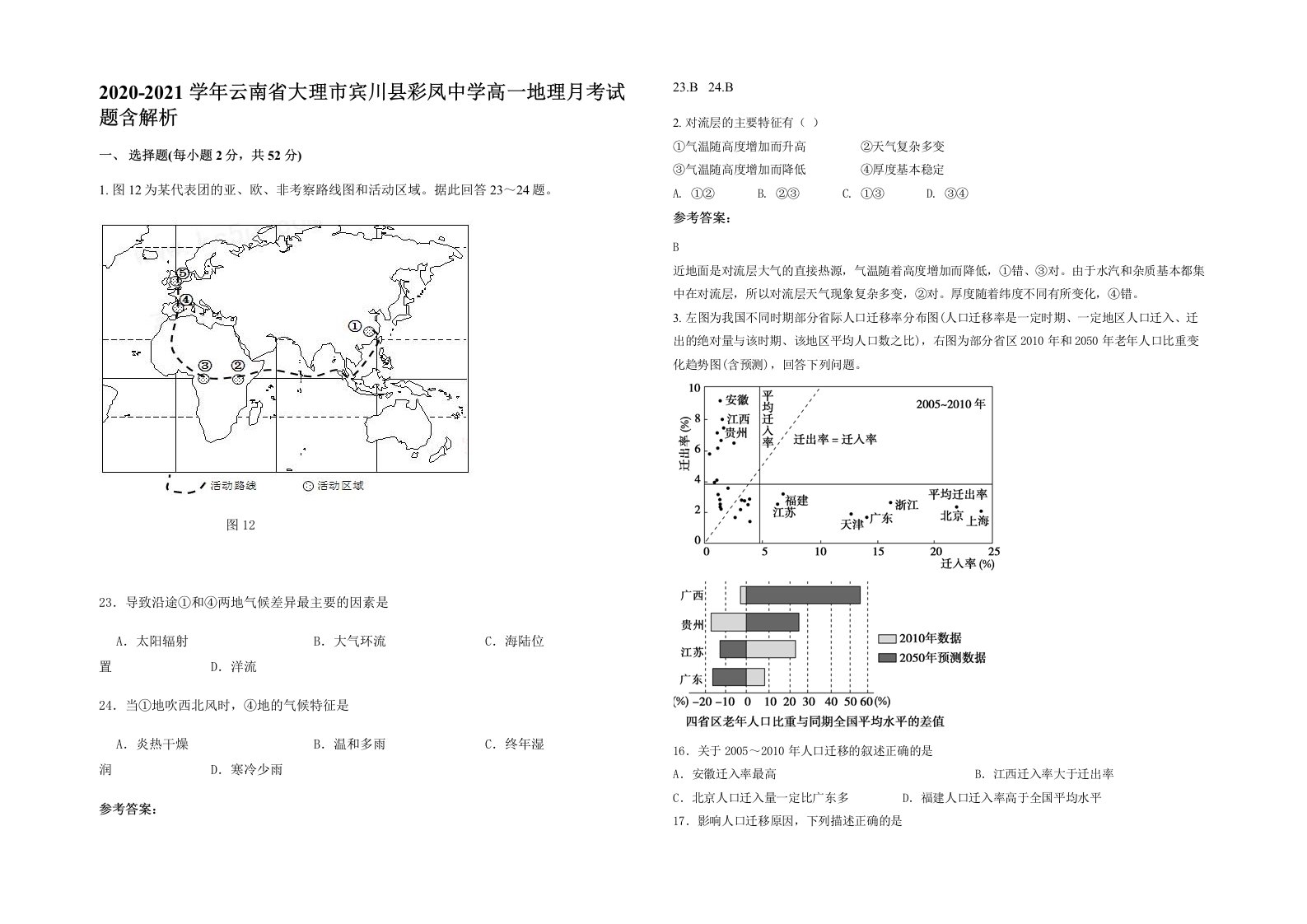 2020-2021学年云南省大理市宾川县彩凤中学高一地理月考试题含解析